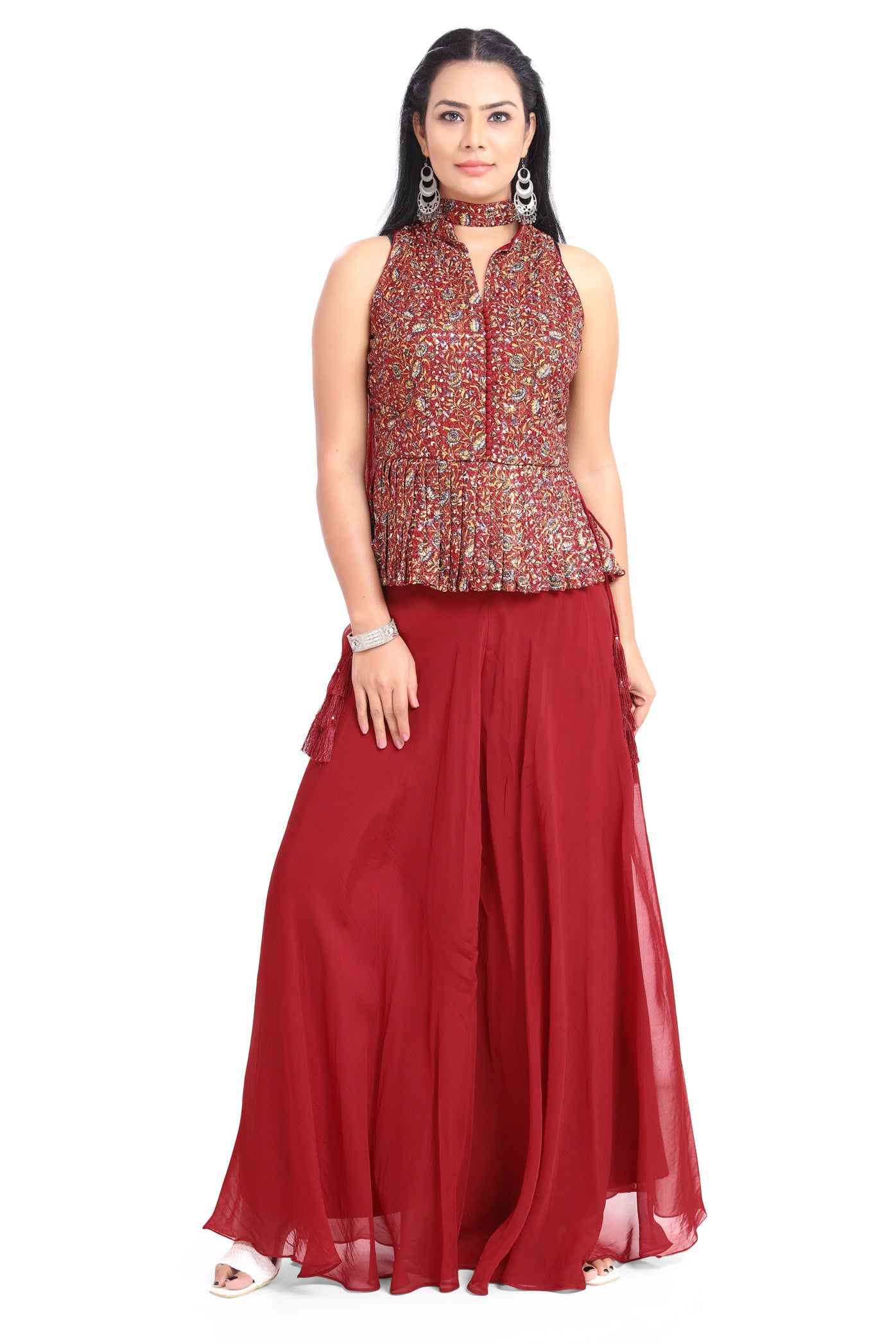 Marvelous Red Ethnic Printed Peplum Top Palazzo Set-AariAmi Boutique