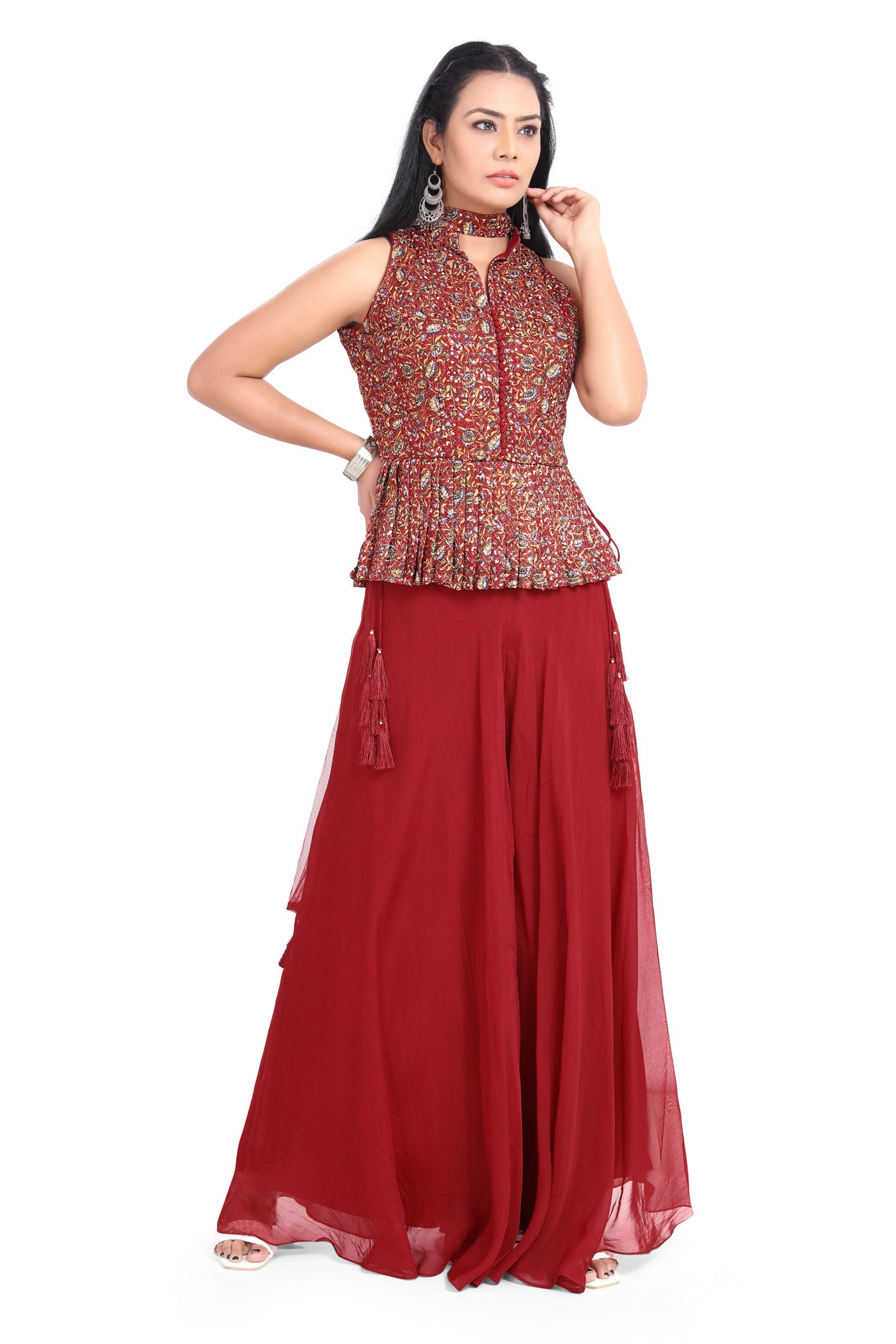 Marvelous Red Ethnic Printed Peplum Top Palazzo Set-AariAmi Boutique