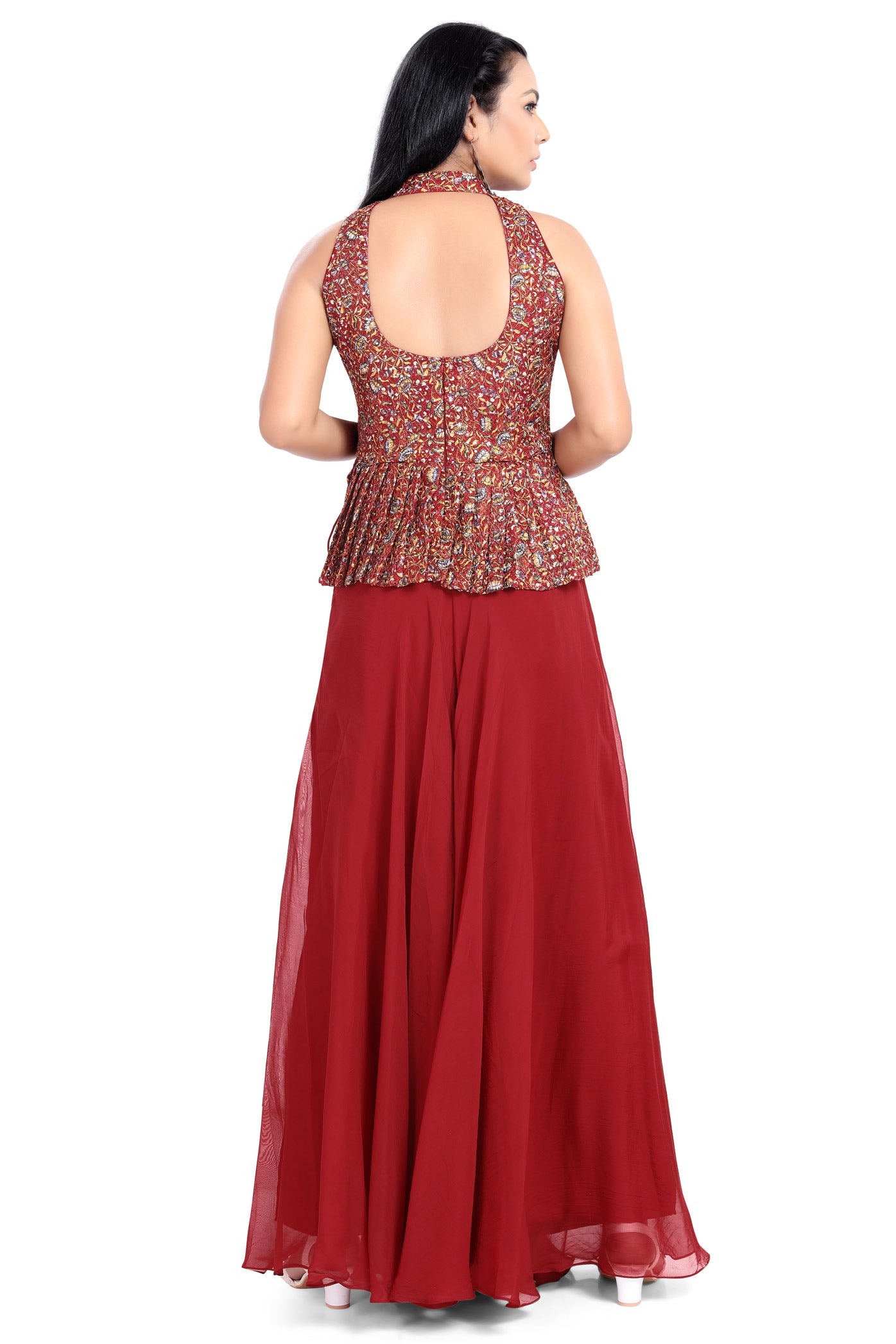 Marvelous Red Ethnic Printed Peplum Top Palazzo Set-AariAmi Boutique