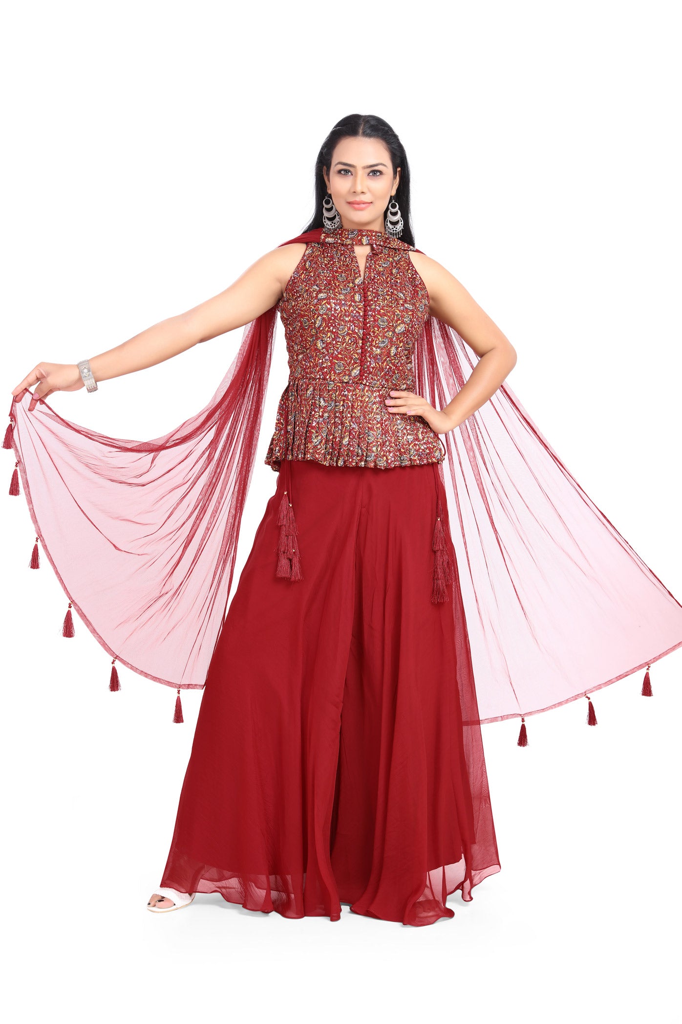 Marvelous Red Ethnic Printed Peplum Top Palazzo Set-AariAmi Boutique
