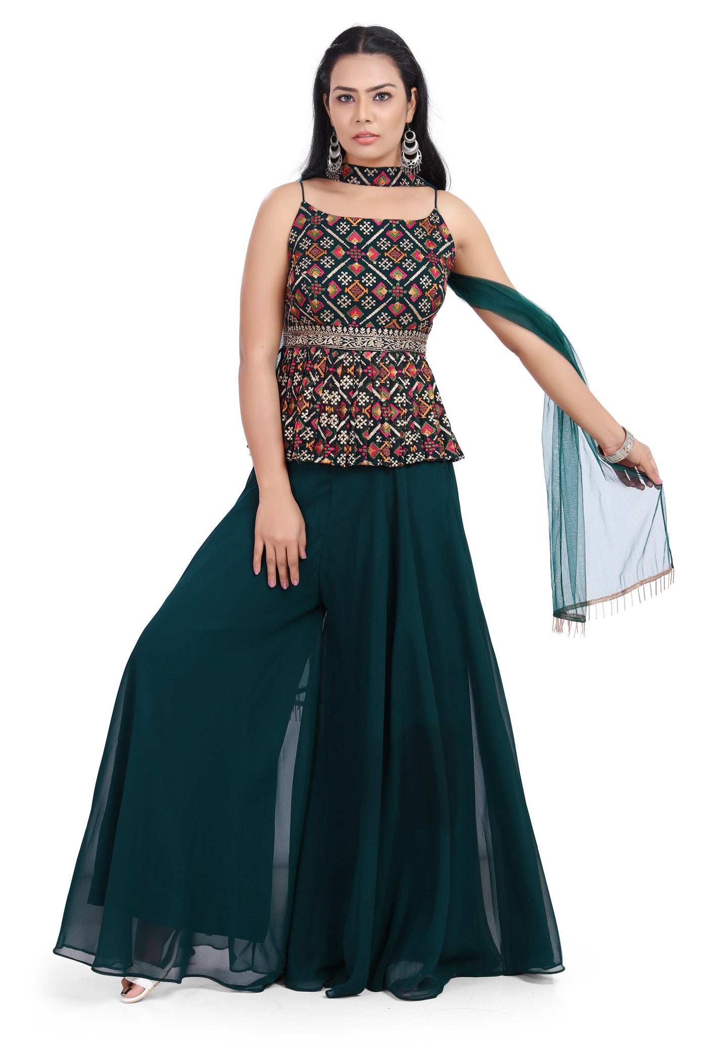 Breathtakingly Teal Embroidered Peplum Top Palazzo Set-AariAmi Boutique