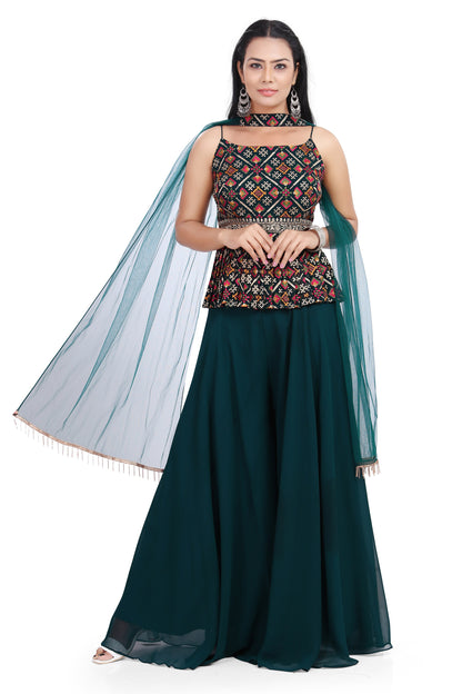 Breathtakingly Teal Embroidered Peplum Top Palazzo Set-AariAmi Boutique