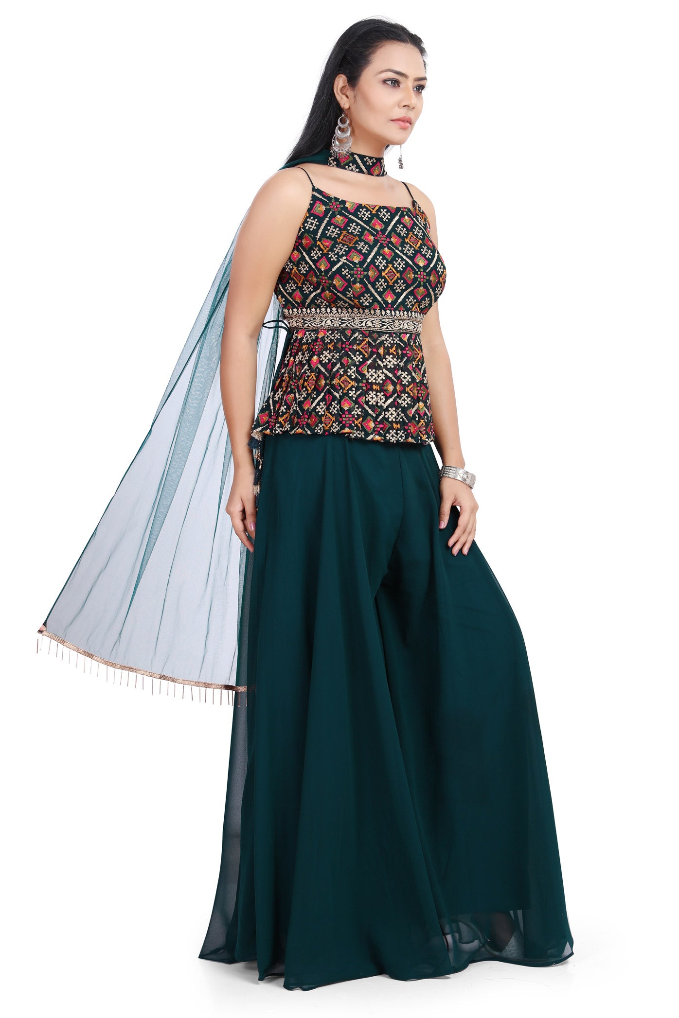 Breathtakingly Teal Embroidered Peplum Top Palazzo Set-AariAmi Boutique