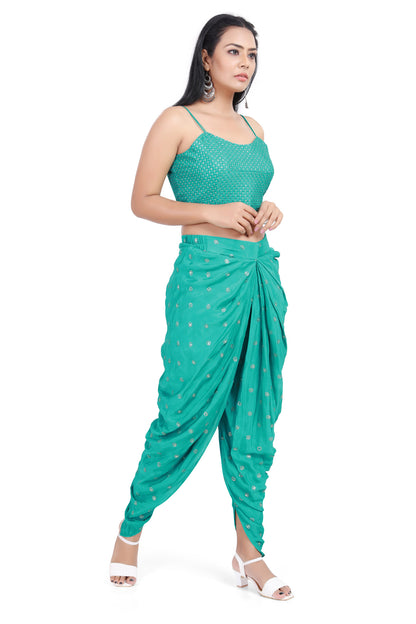 Turquoise Crop Top Dhoti Set with Pretty Pink Jacket-AariAmi Boutique