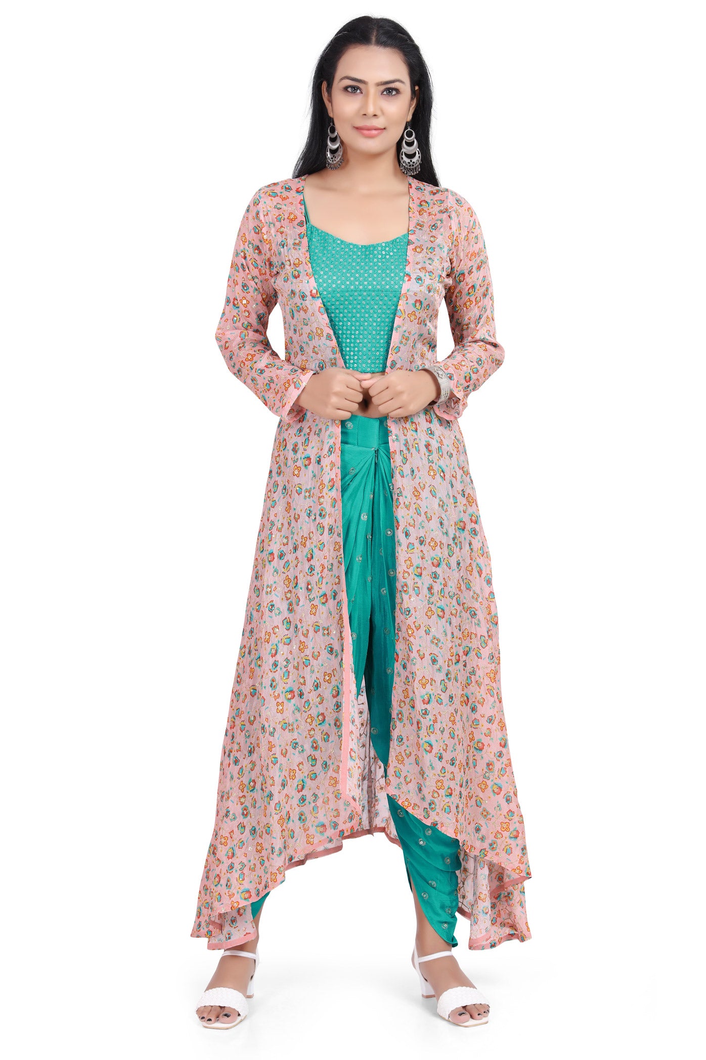 Turquoise Crop Top Dhoti Set with Pretty Pink Jacket-AariAmi Boutique
