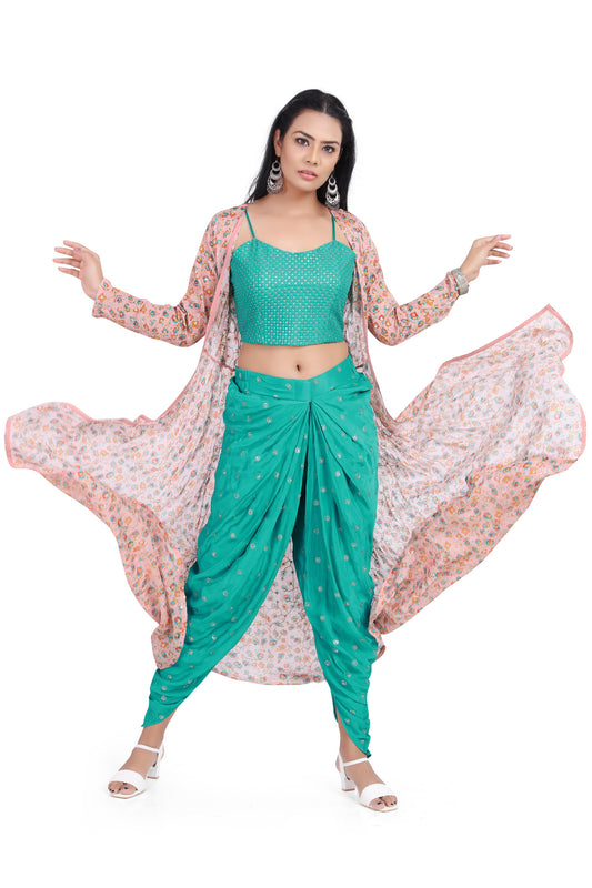 Turquoise Crop Top Dhoti Set with Pretty Pink Jacket-AariAmi Boutique