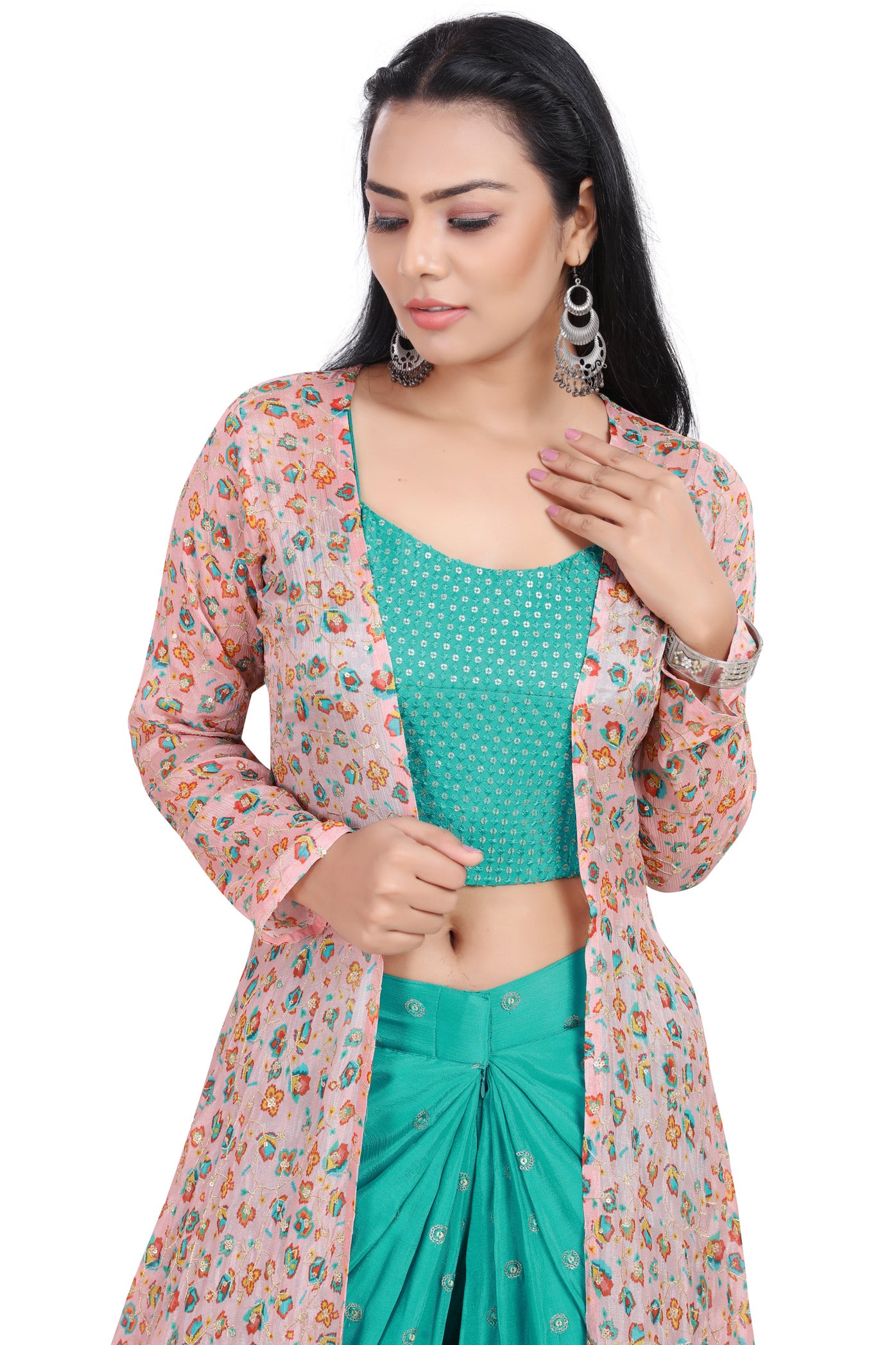 Turquoise Crop Top Dhoti Set with Pretty Pink Jacket-AariAmi Boutique