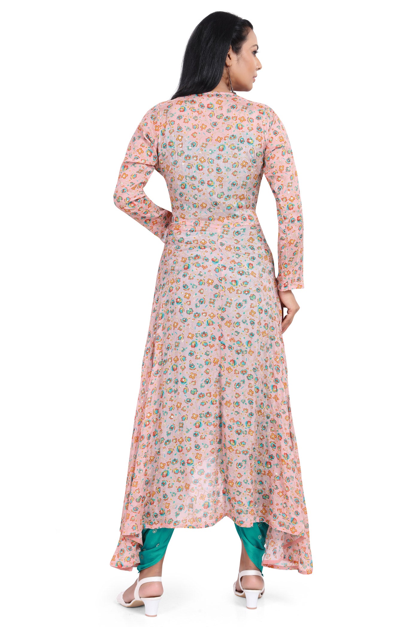 Turquoise Crop Top Dhoti Set with Pretty Pink Jacket-AariAmi Boutique