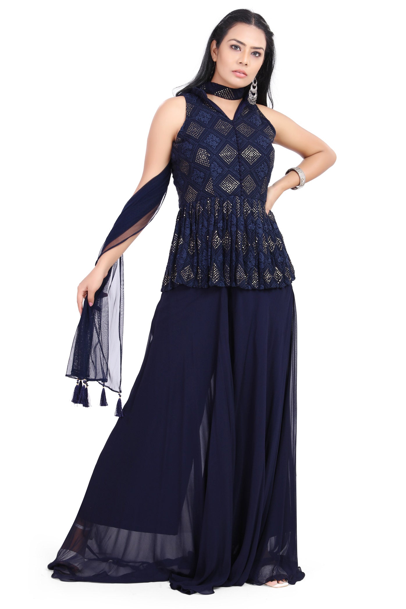 Blue Lucknowi Embroidered Sequin Peplum Top Palazzo Set-AariAmi Boutique