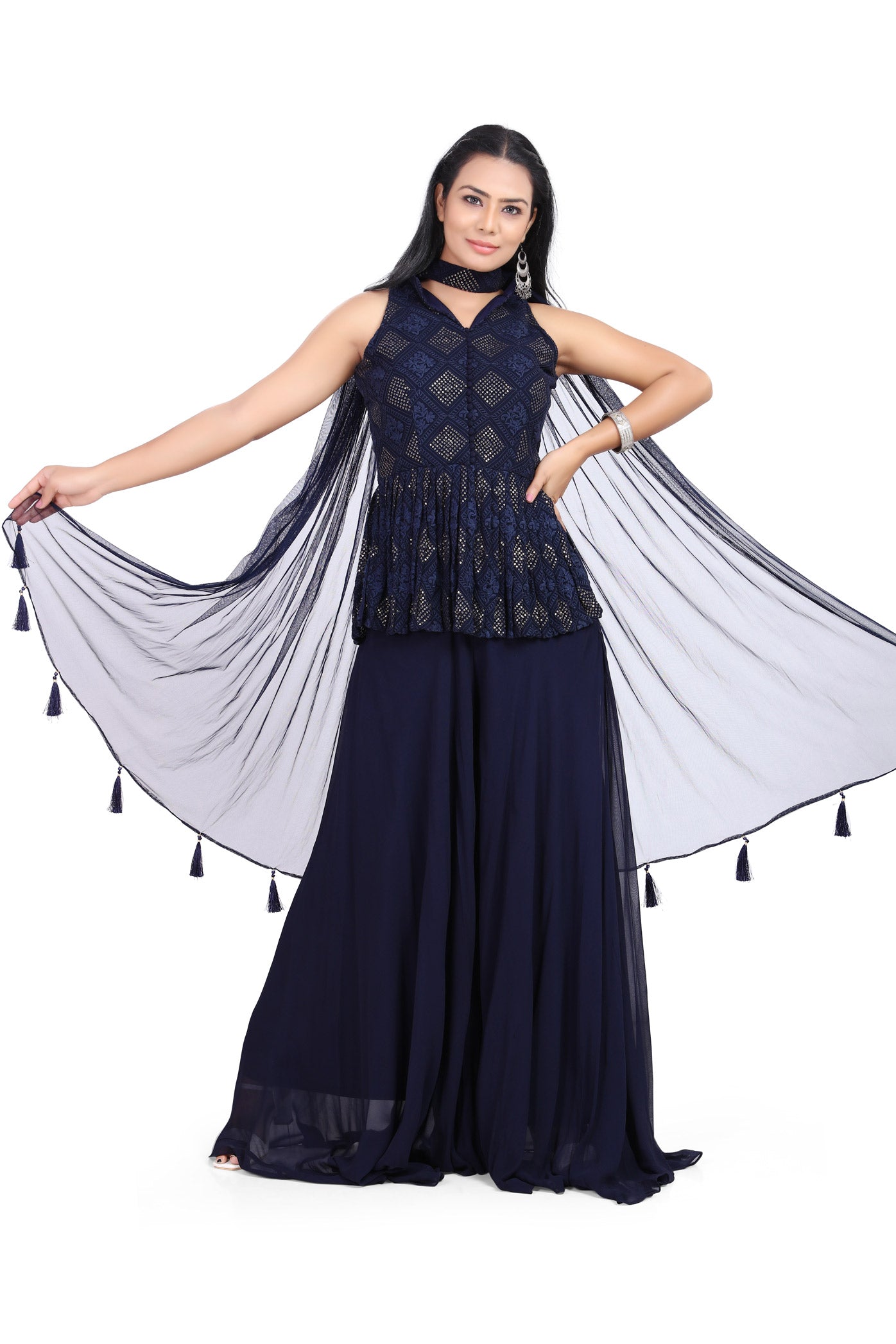 Blue Lucknowi Embroidered Sequin Peplum Top Palazzo Set-AariAmi Boutique