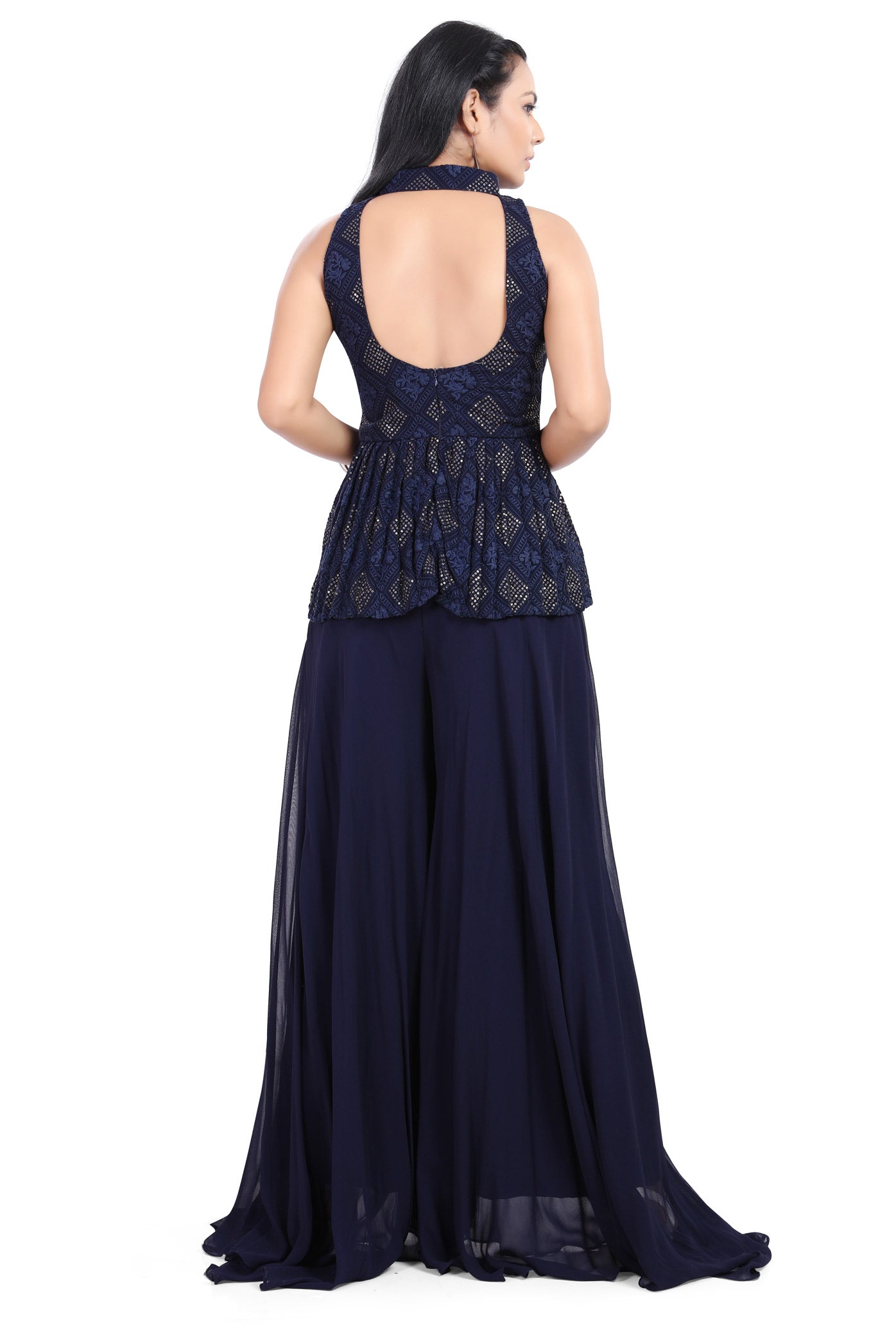 Blue Lucknowi Embroidered Sequin Peplum Top Palazzo Set-AariAmi Boutique