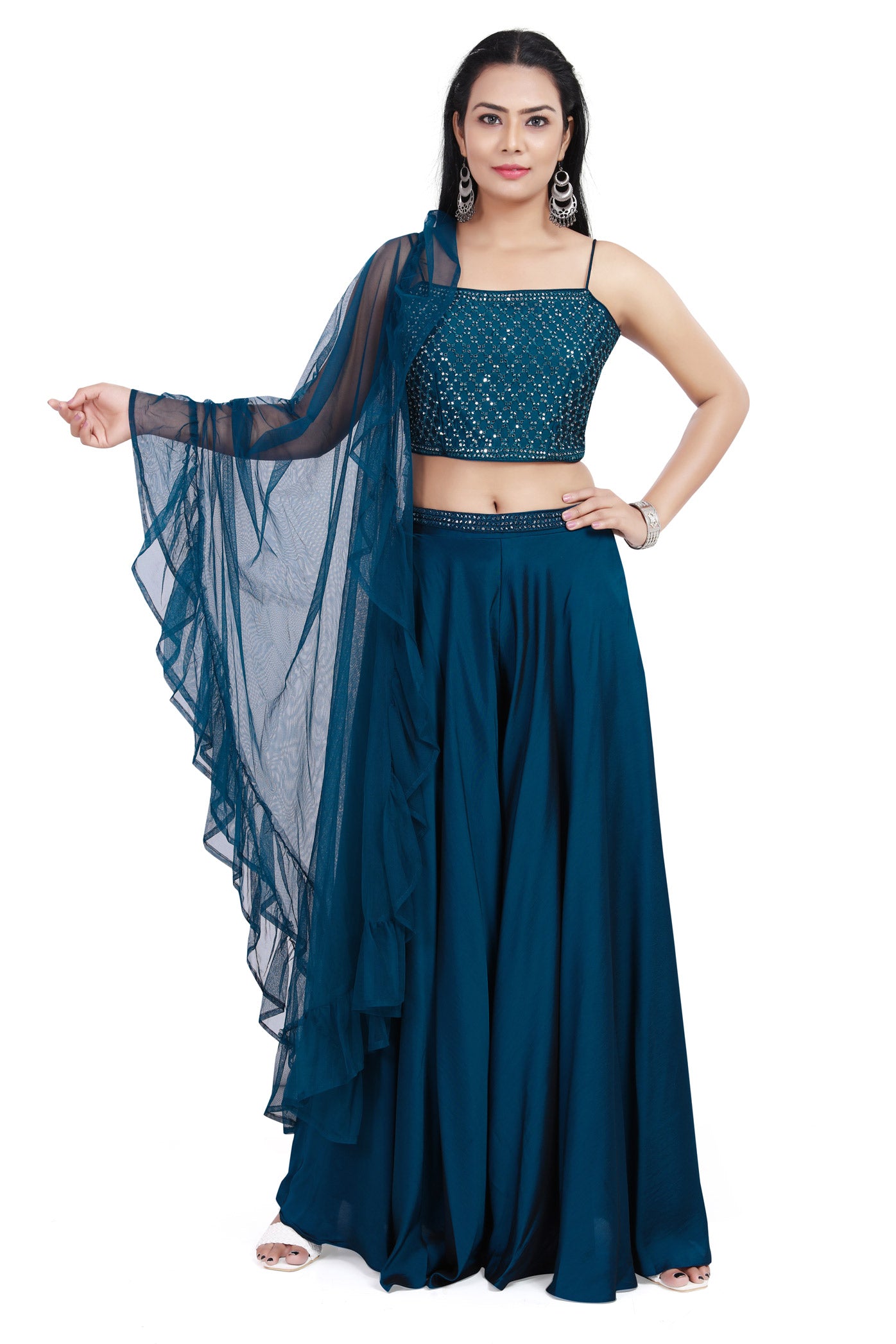 Teal Mirrorwork Crop Top Palazzo Set-AariAmi Boutique