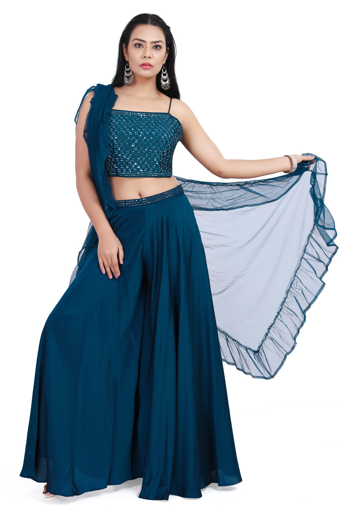 Teal Mirrorwork Crop Top Palazzo Set-AariAmi Boutique