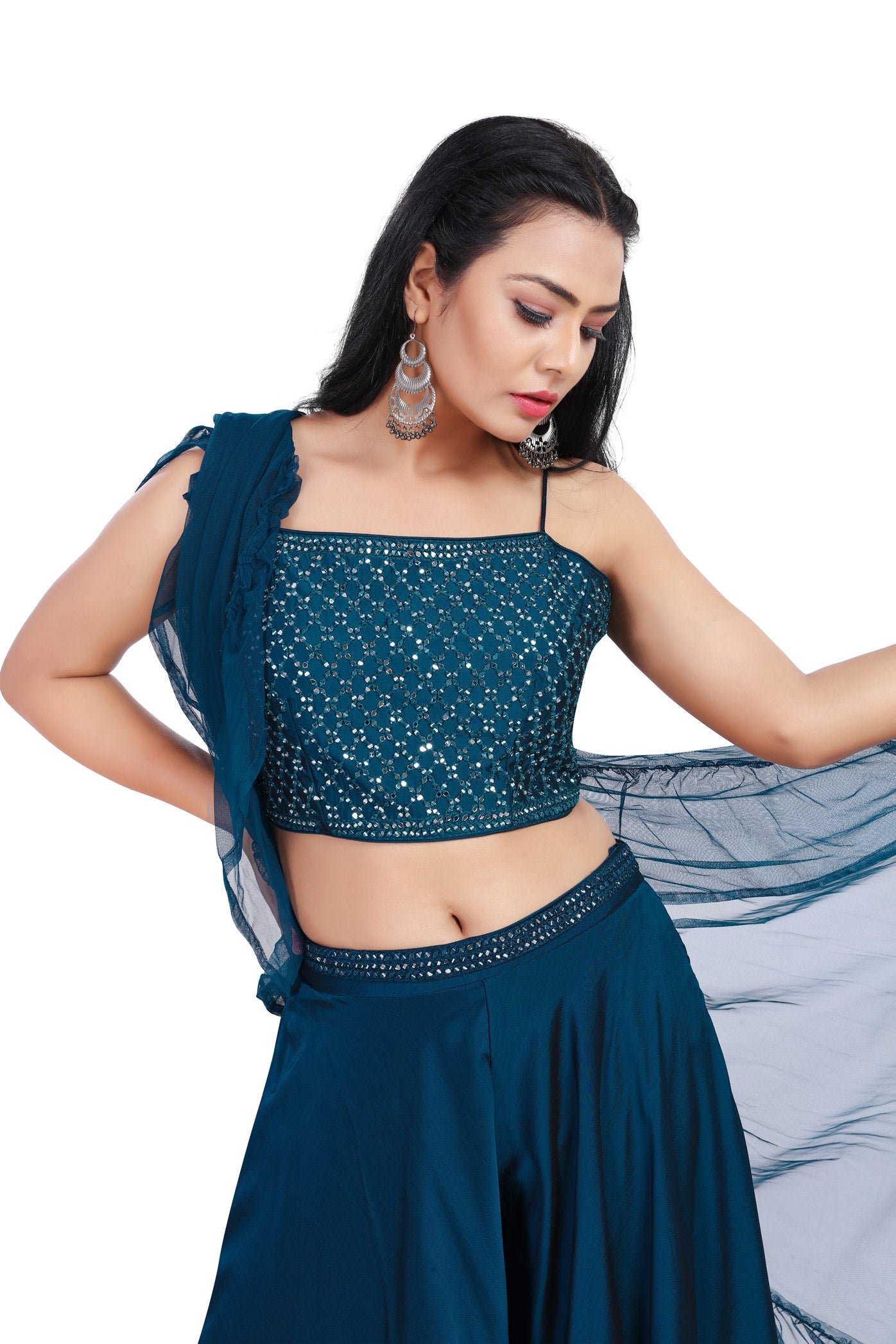 Teal Mirrorwork Crop Top Palazzo Set-AariAmi Boutique