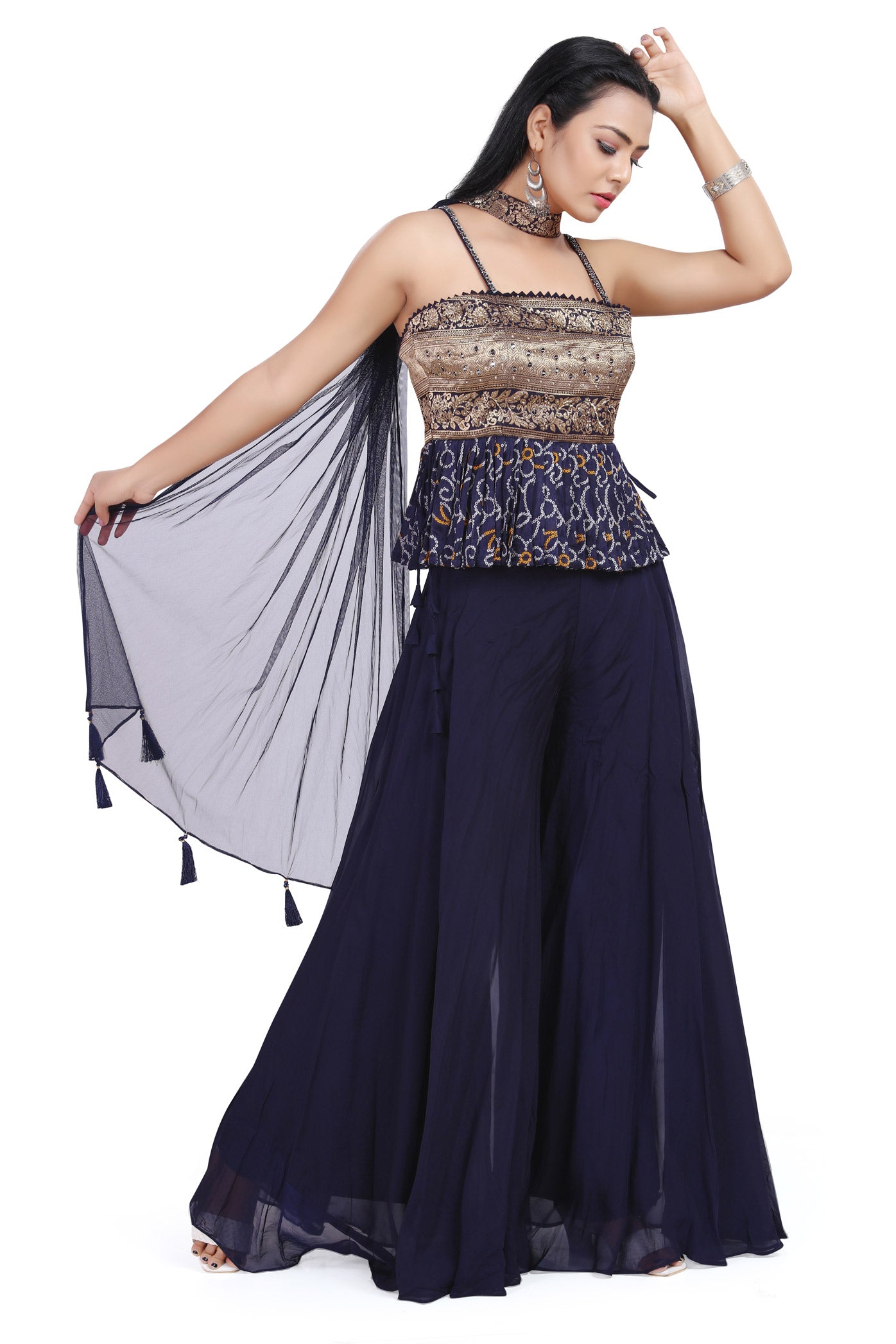 Midnight Blue Brocade Peplum Top Palazzo Set-AariAmi Boutique