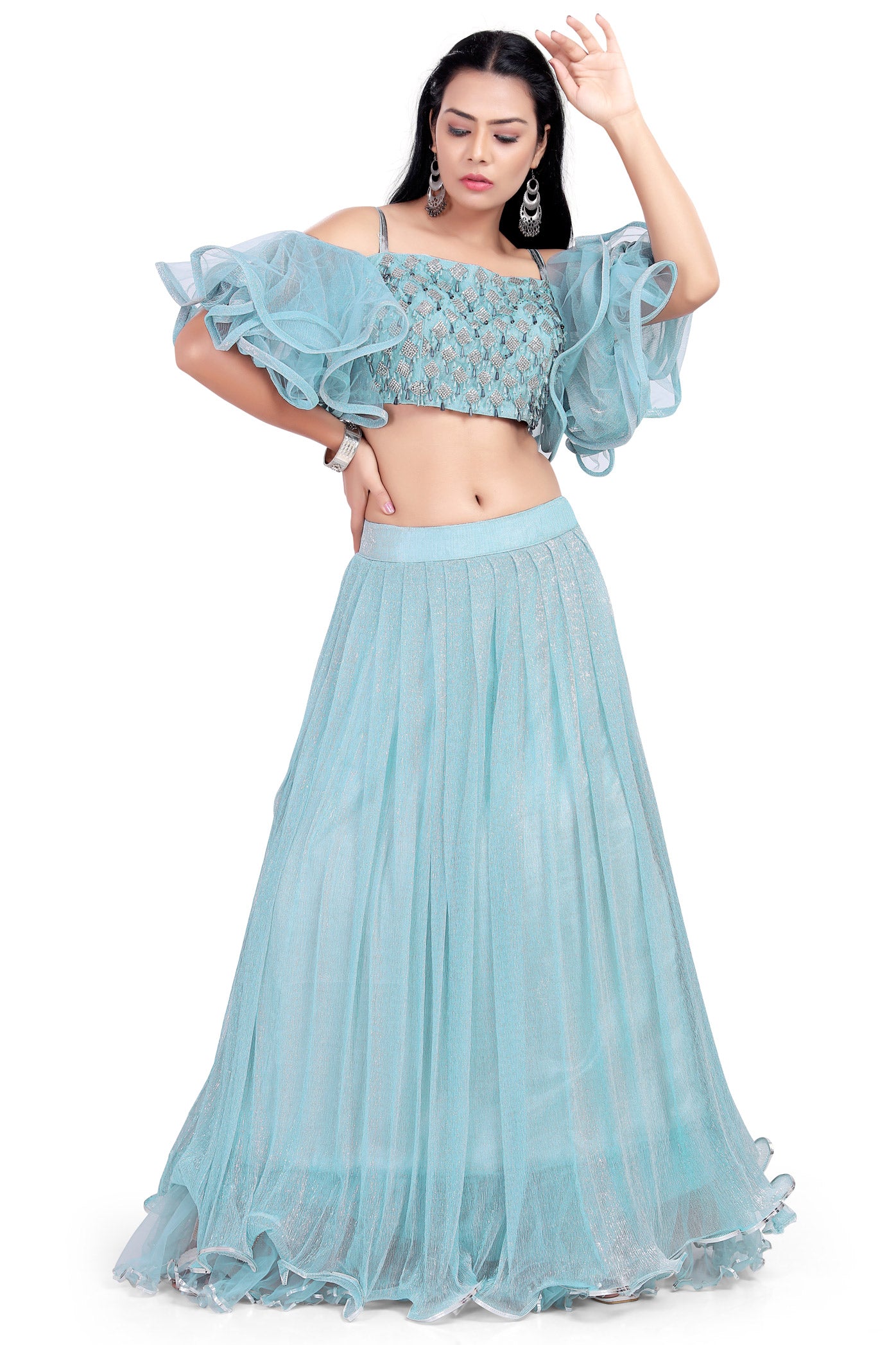 Turquoise Blue Crop Top Shimmery Lehenga Set-AariAmi Boutique