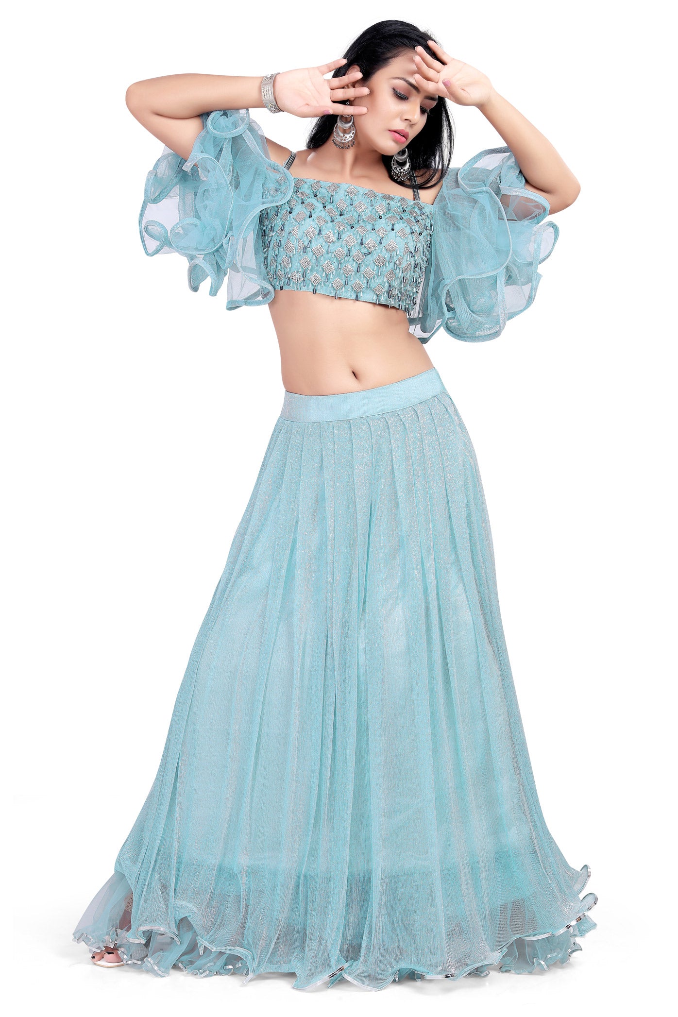 Turquoise Blue Crop Top Shimmery Lehenga Set-AariAmi Boutique