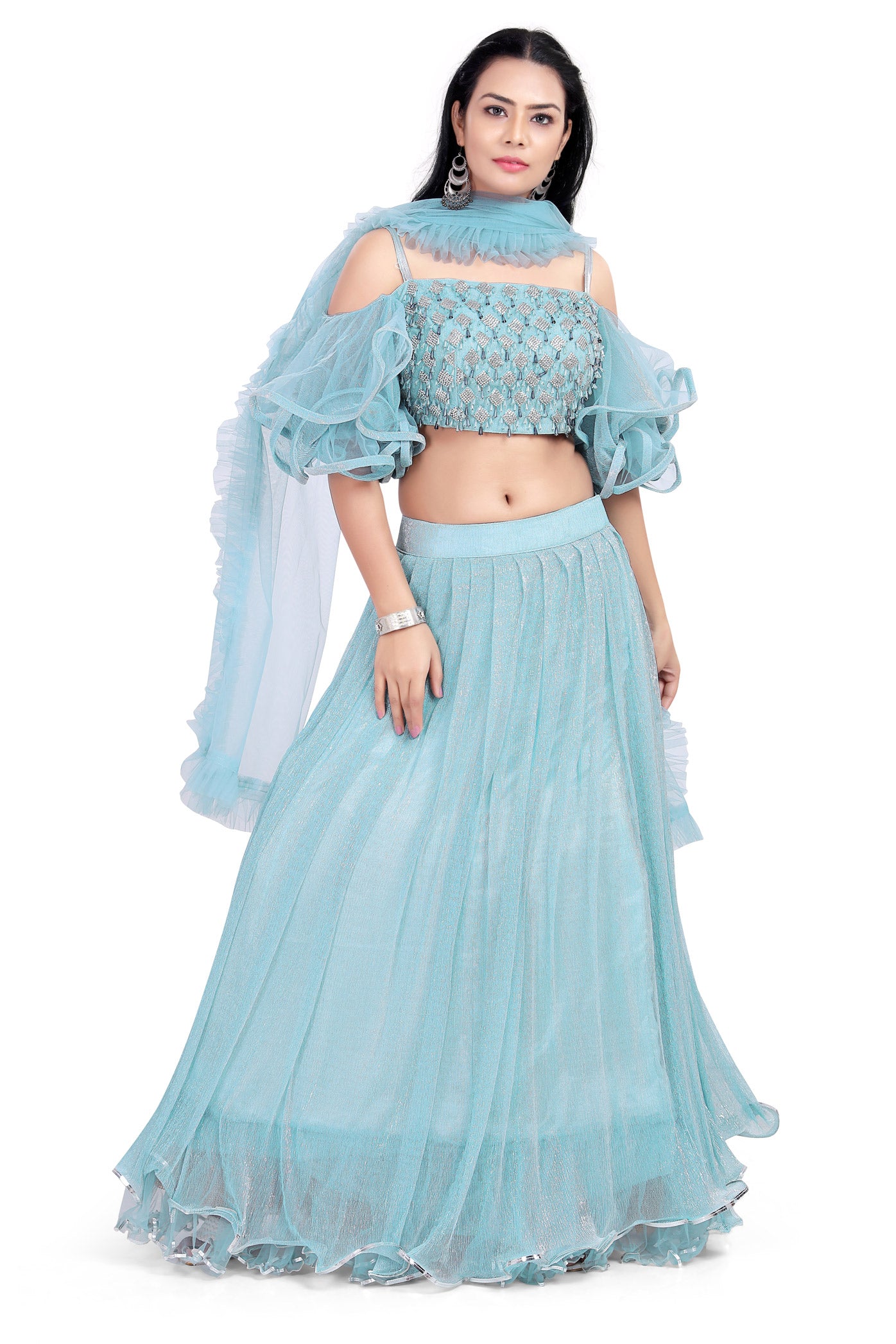 Turquoise Blue Crop Top Shimmery Lehenga Set-AariAmi Boutique