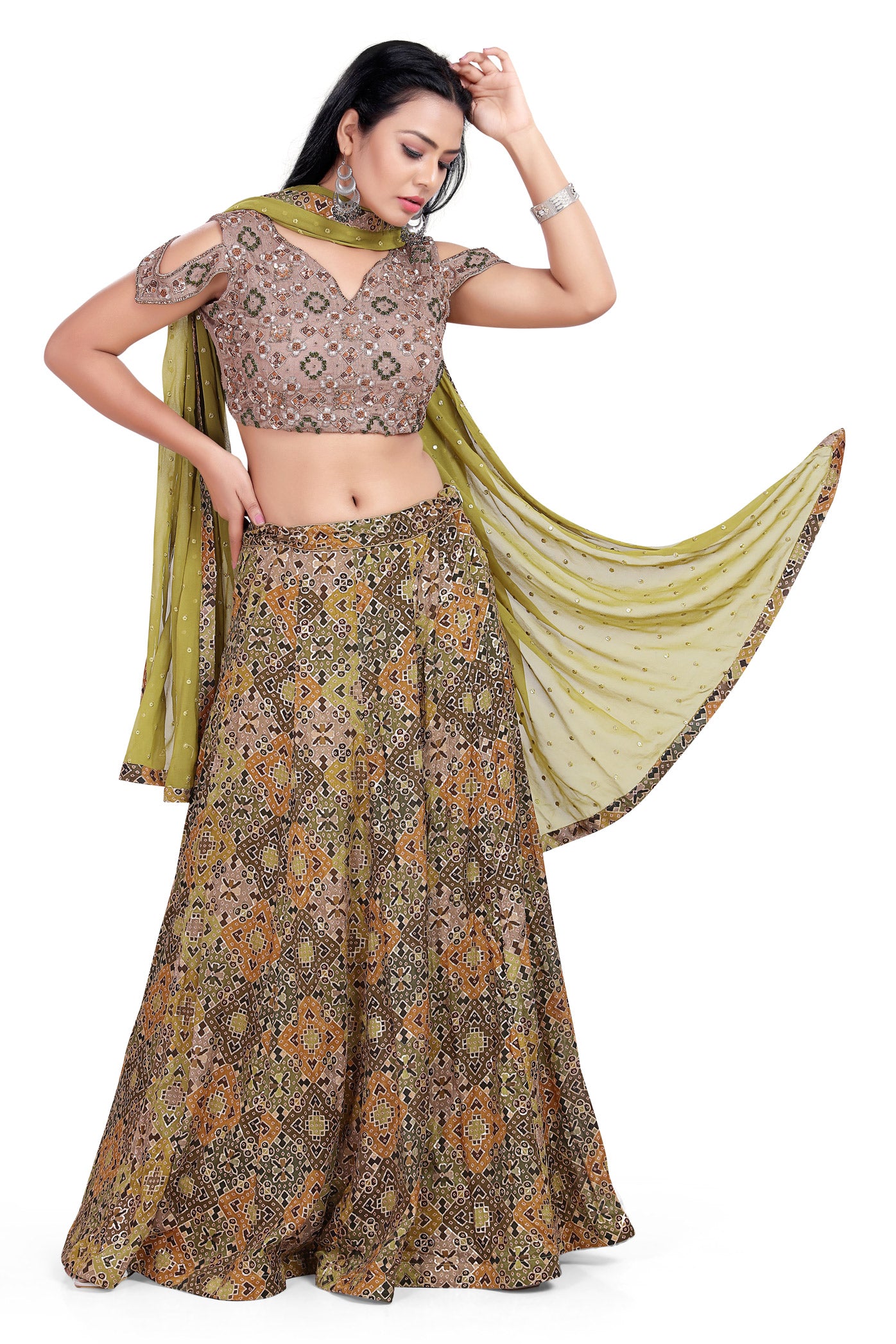 Gorgeous Green and Taupe Sequin Crop Top Lehenga Set-AariAmi Boutique