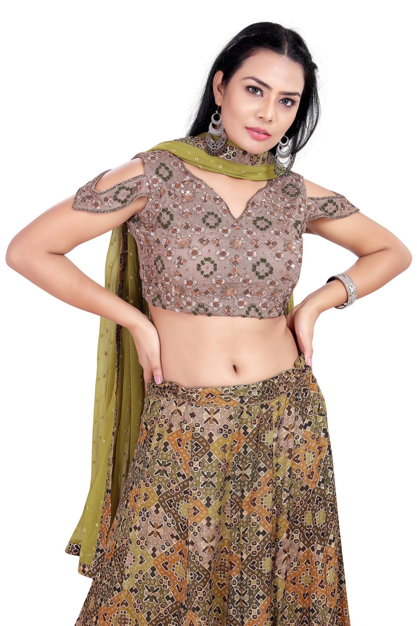 Gorgeous Green and Taupe Sequin Crop Top Lehenga Set-AariAmi Boutique