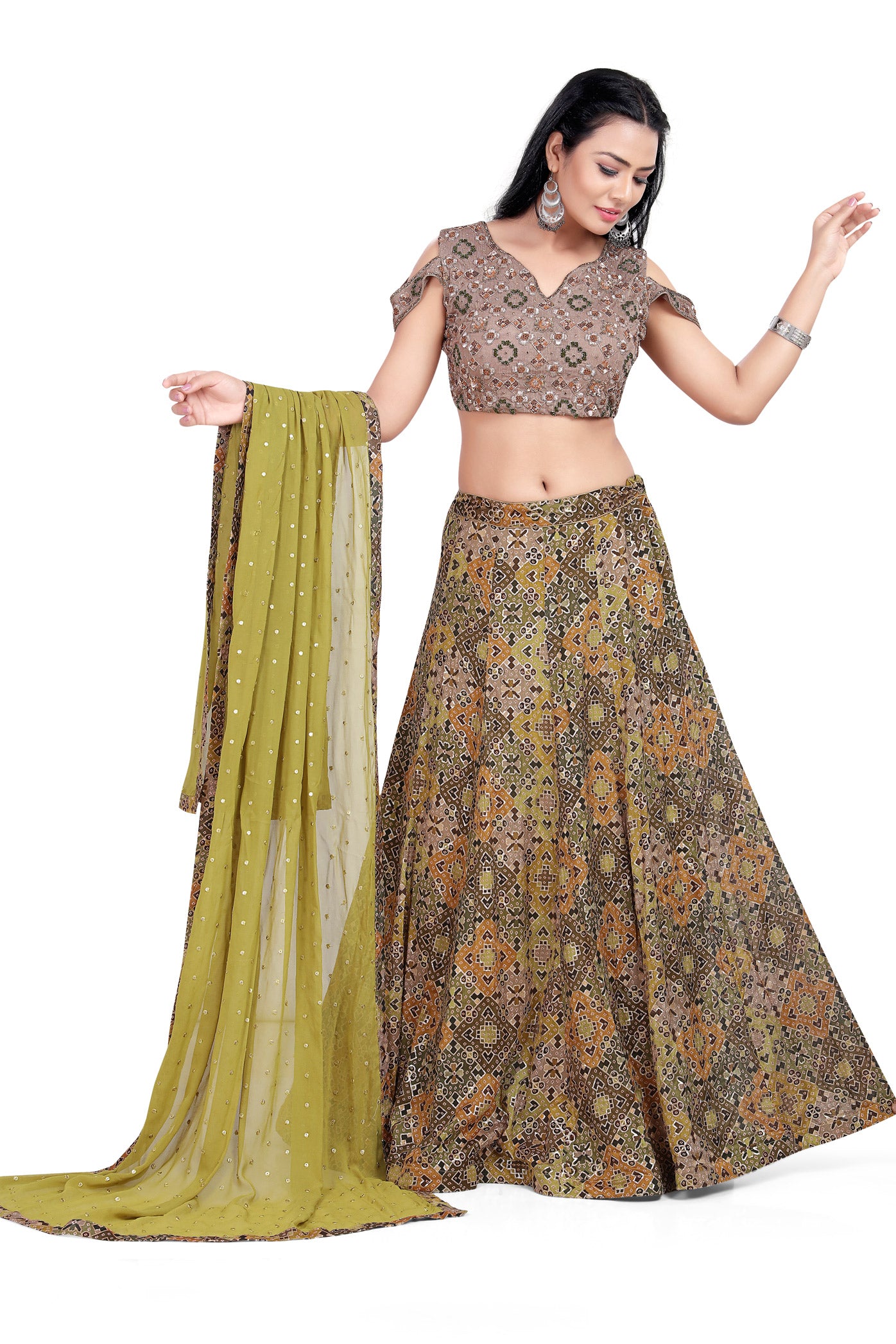 Gorgeous Green and Taupe Sequin Crop Top Lehenga Set-AariAmi Boutique
