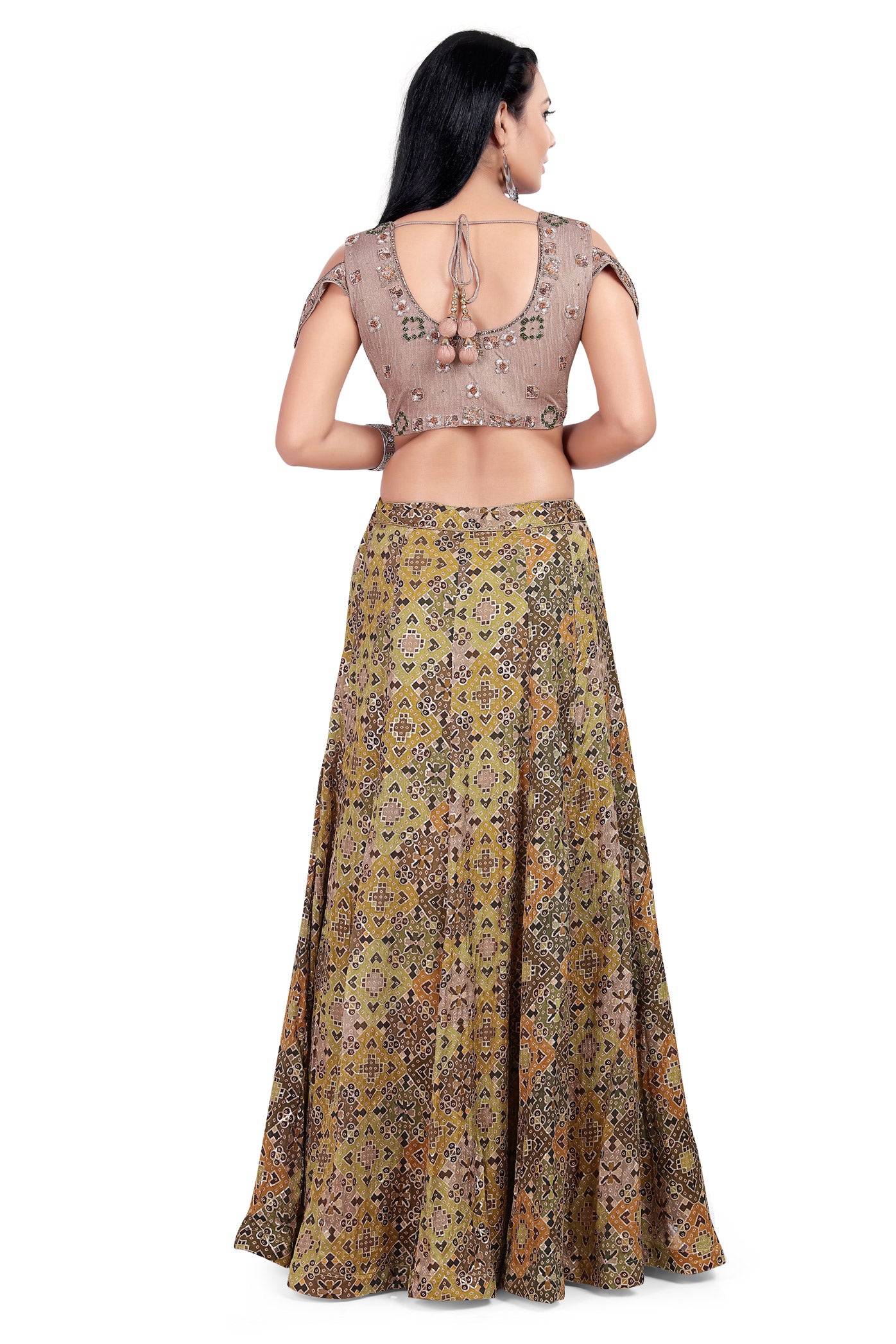 Gorgeous Green and Taupe Sequin Crop Top Lehenga Set-AariAmi Boutique