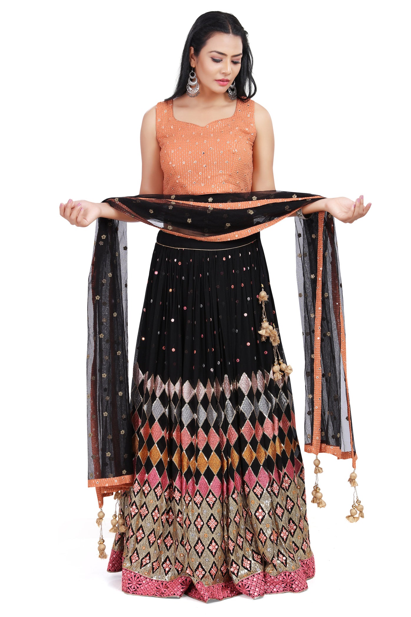 Chic Peach and Black Lehenga Set-AariAmi Boutique