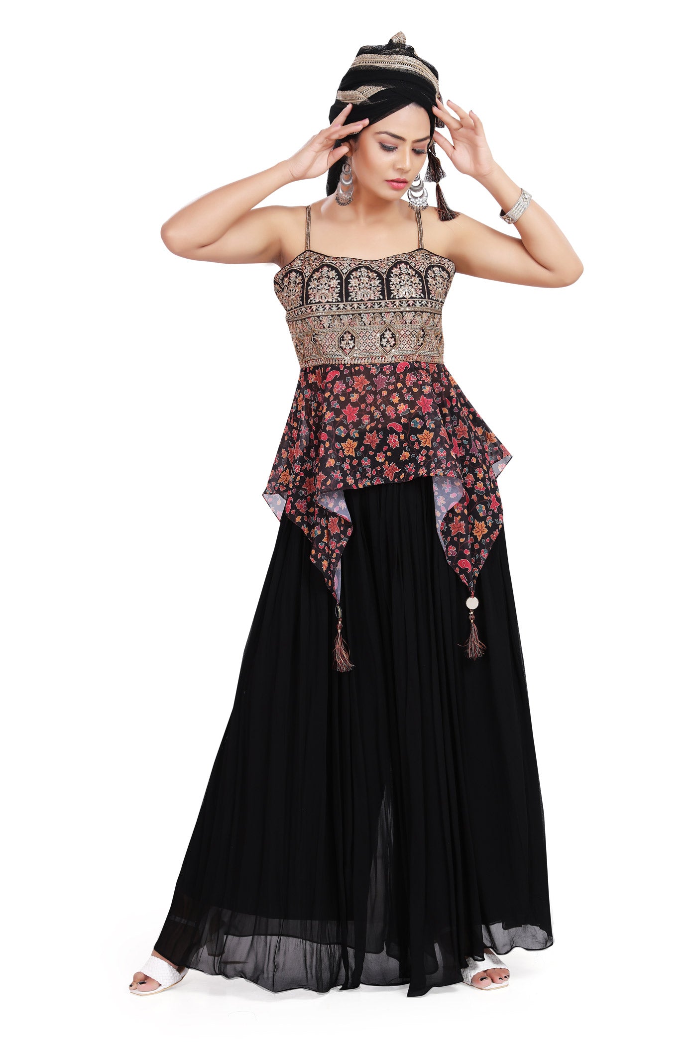 Black Embroidered Floral Hi-Low Top Palazzo Set-AariAmi Boutique