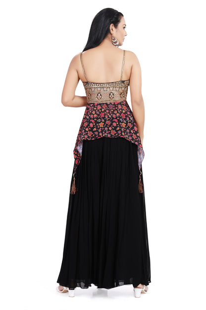 Black Embroidered Floral Hi-Low Top Palazzo Set-AariAmi Boutique