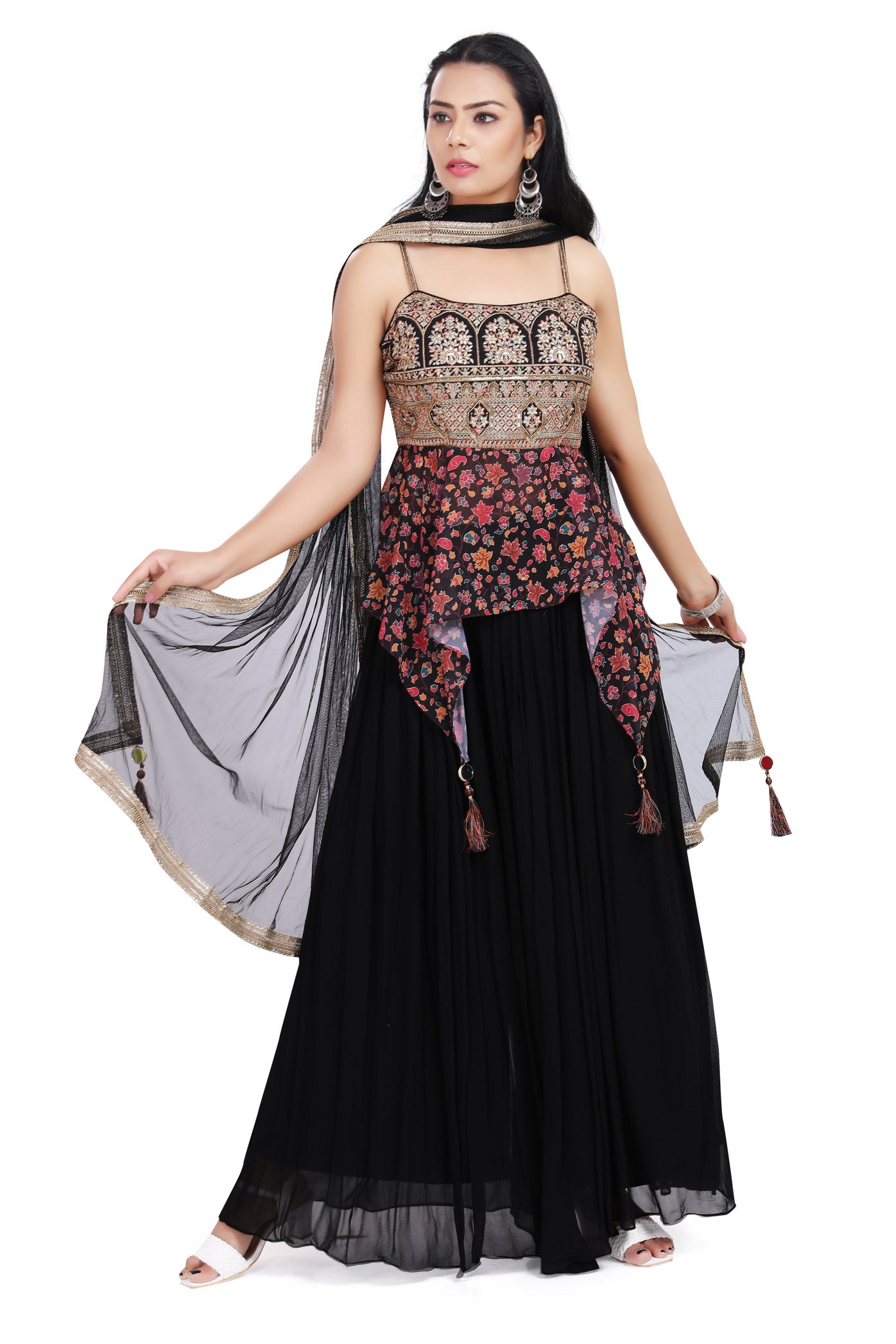 Black Embroidered Floral Hi-Low Top Palazzo Set-AariAmi Boutique
