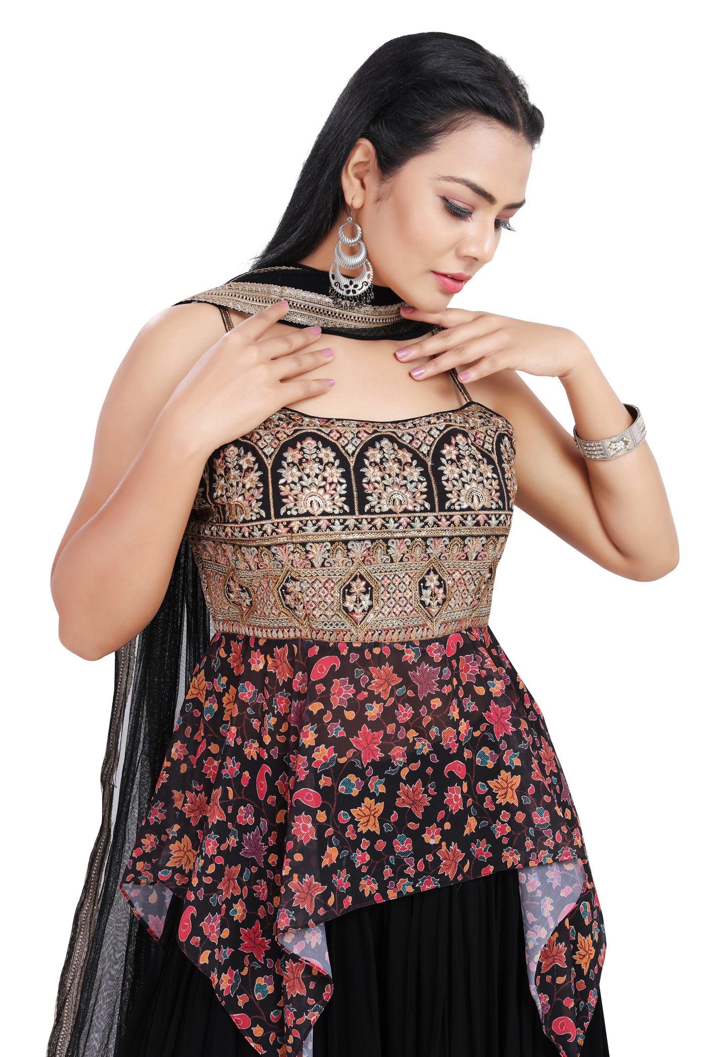 Black Embroidered Floral Hi-Low Top Palazzo Set-AariAmi Boutique