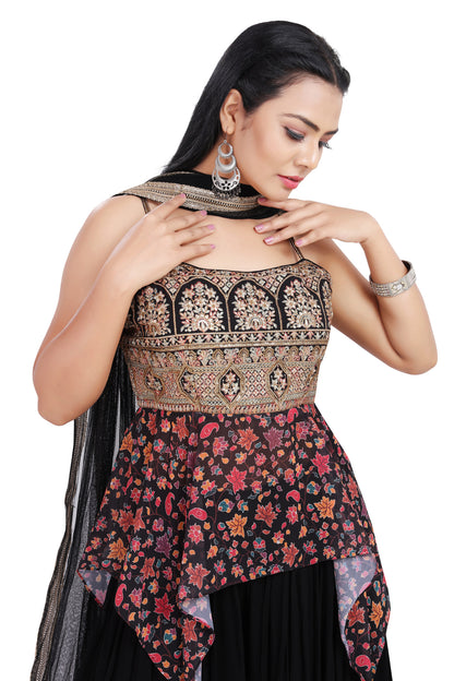 Black Embroidered Floral Hi-Low Top Palazzo Set-AariAmi Boutique