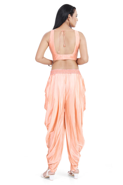 Peach Monochrome Embroidered Crop Top Dhoti Set-AariAmi Boutique