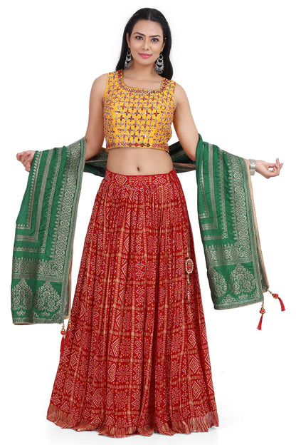 Youthful Yellow And Red Bandhani Lehenga Set-AariAmi Boutique