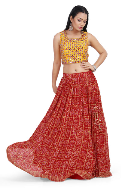 Youthful Yellow And Red Bandhani Lehenga Set-AariAmi Boutique