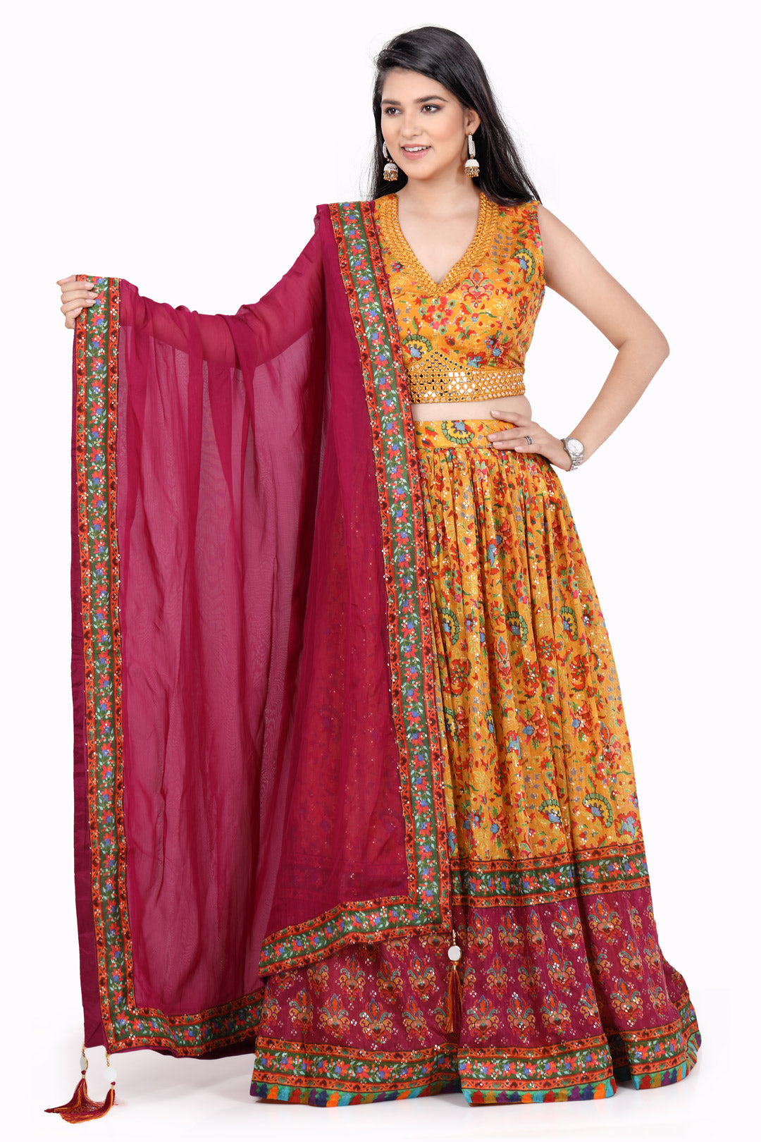 Orange and Red Mirrorwork Chaniya Choli Set-AariAmi Boutique