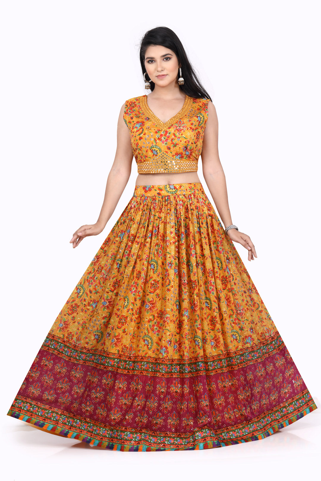 Orange and Red Mirrorwork Chaniya Choli Set-AariAmi Boutique