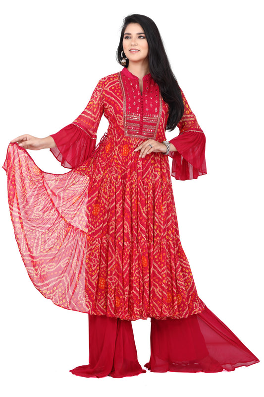 Pink Bandhani Mirrorwork Palazzo Set-AariAmi Boutique