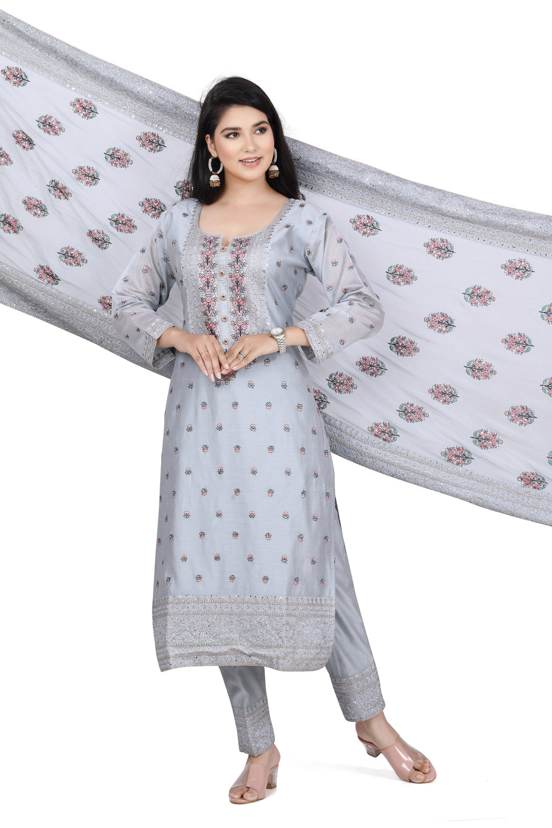Blue and Pink Embroidered Salwar Kurta Set-AariAmi Boutique