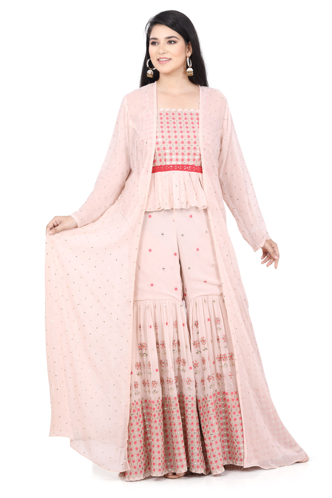 Pastel Pink Crop Top Gharara Set with Jacket-AariAmi Boutique