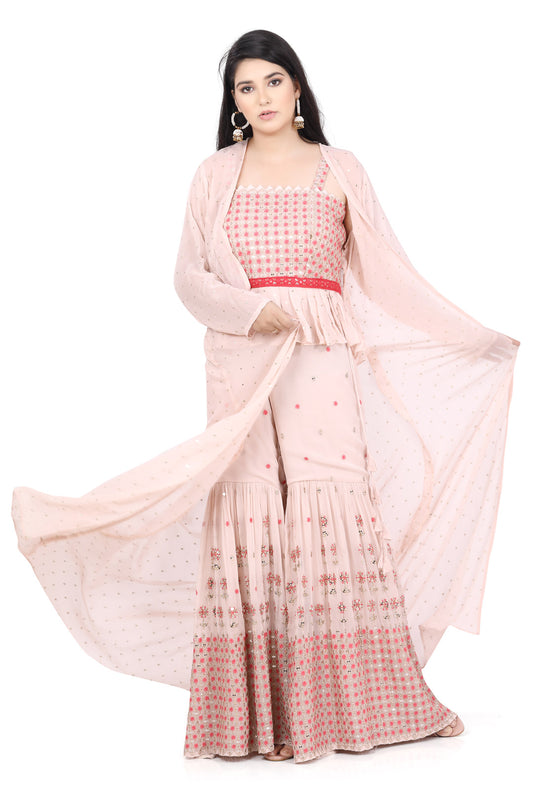 Pastel Pink Crop Top Gharara Set with Jacket-AariAmi Boutique