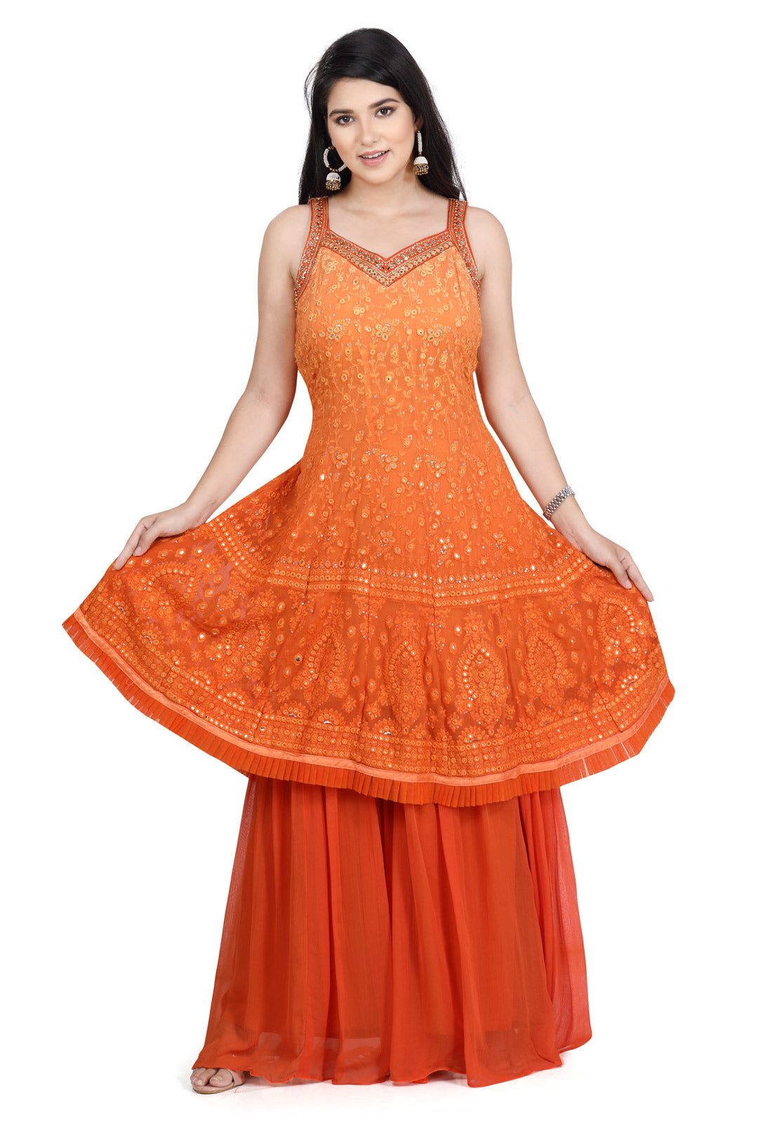 Orange Lucknowi Embroidered Gharara Set-AariAmi Boutique