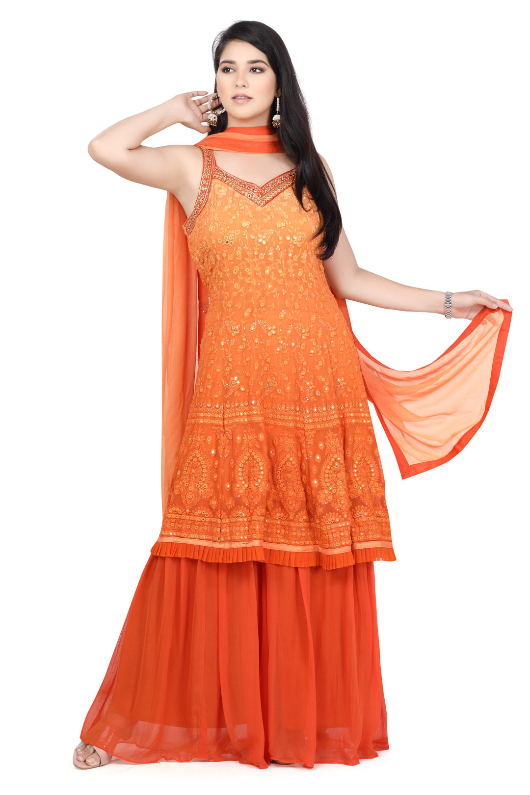 Orange Lucknowi Embroidered Gharara Set-AariAmi Boutique