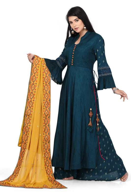 Teal and Mustard Sequin Studded Palazzo Set-AariAmi Boutique