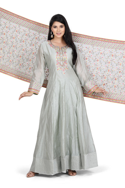 Pastel Green and Pink Embroidered Anarkali Set-AariAmi Boutique