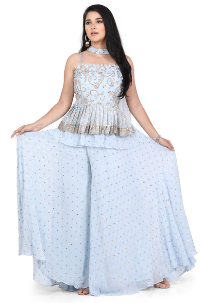 Sky Blue Gotawork Peplum Top Palazzo Set-AariAmi Boutique