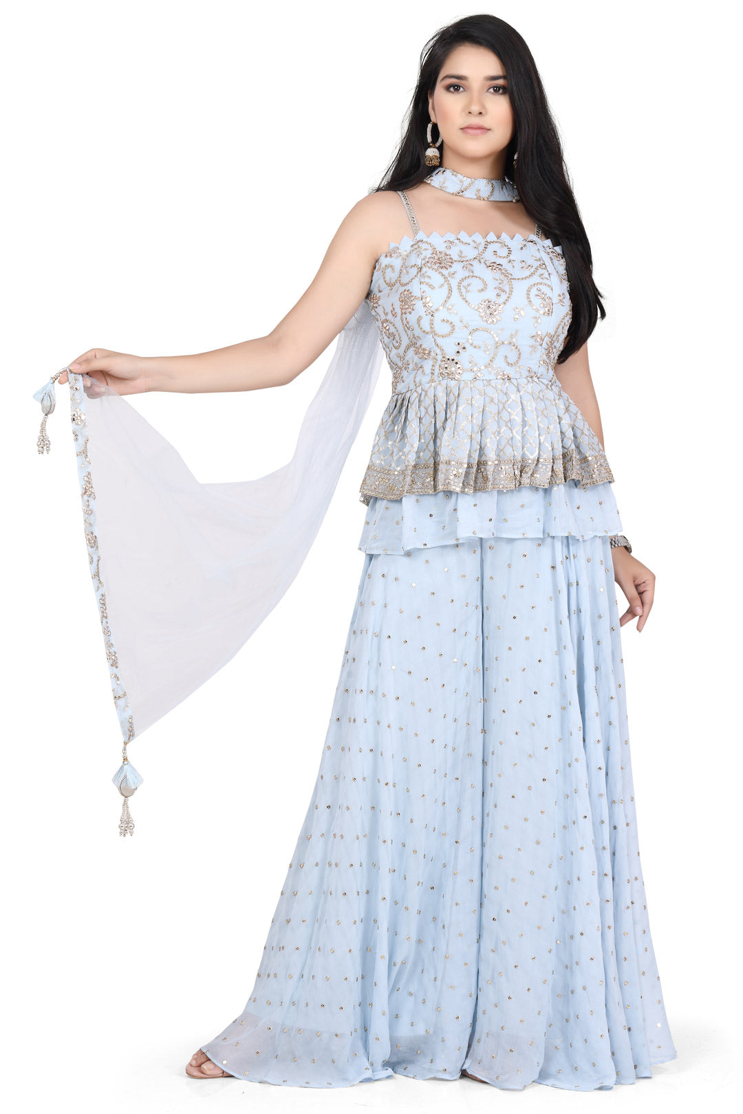 Sky Blue Gotawork Peplum Top Palazzo Set-AariAmi Boutique