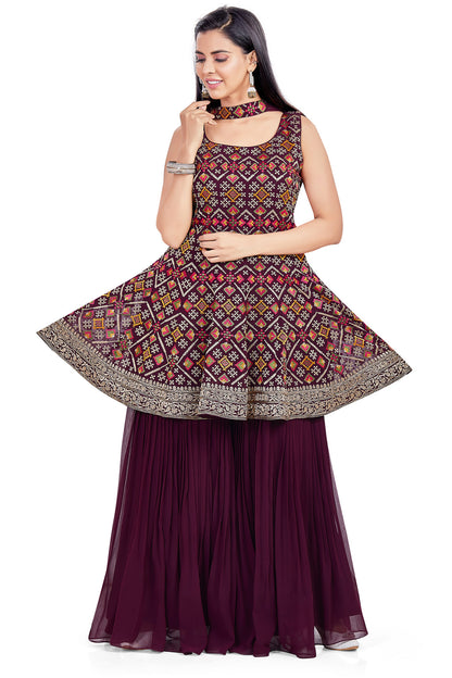 Burgundy Embroidered Gharara Set-AariAmi Boutique