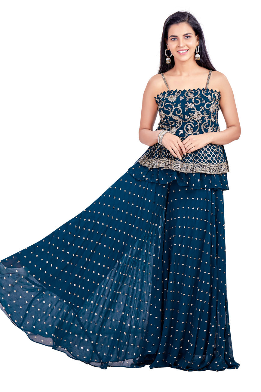 Midnight Blue Gotawork Crop Top Palazzo Set-AariAmi Boutique