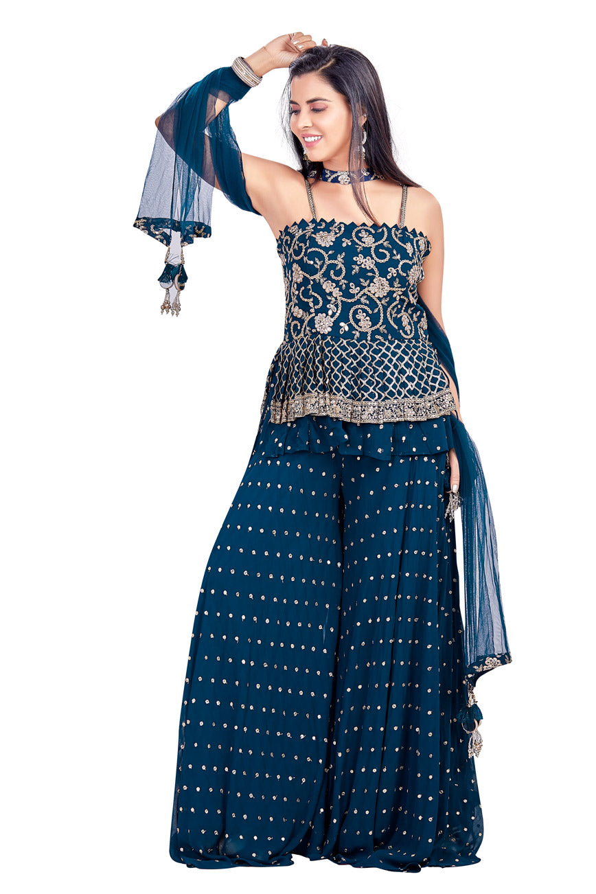 Midnight Blue Gotawork Crop Top Palazzo Set-AariAmi Boutique